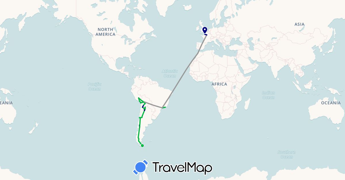 TravelMap itinerary: driving, bus, plane, train in Argentina, Bolivia, Brazil, Chile, France, Morocco, Peru (Africa, Europe, South America)